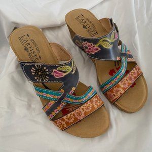 SOLD  L`Artiste by Spring Step Leather Wedge Sandals- Swan, size 9